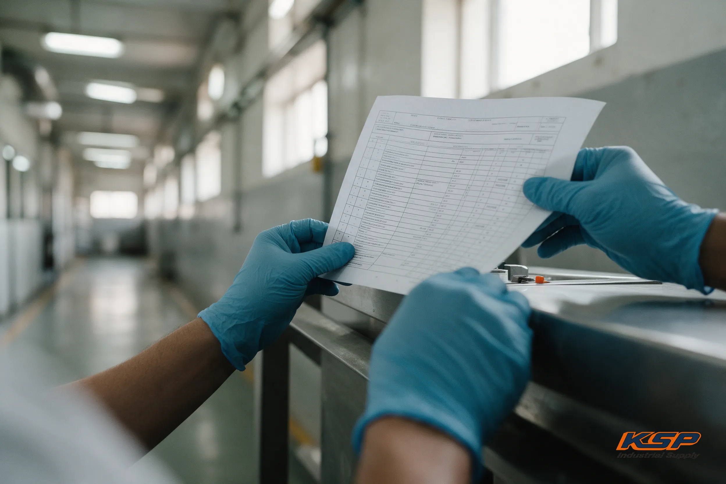 Gloved hands holding a printed requirement sheet against a stainless work surface in a plant corridor.