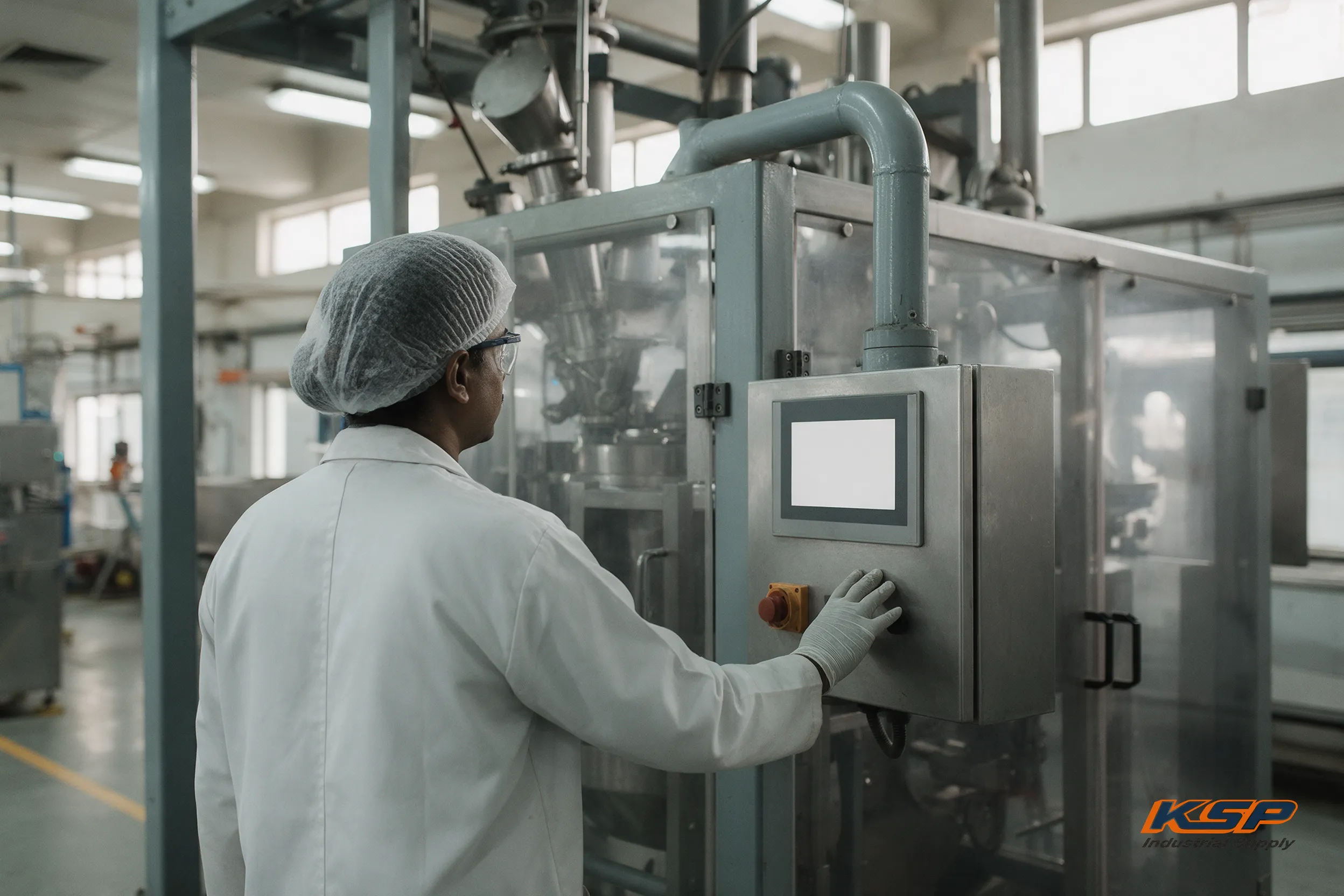 A process operator at the control panel of enclosed production equipment on a plant floor.